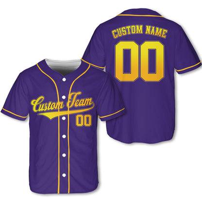 Purple custom name and number baseball jersey, front view