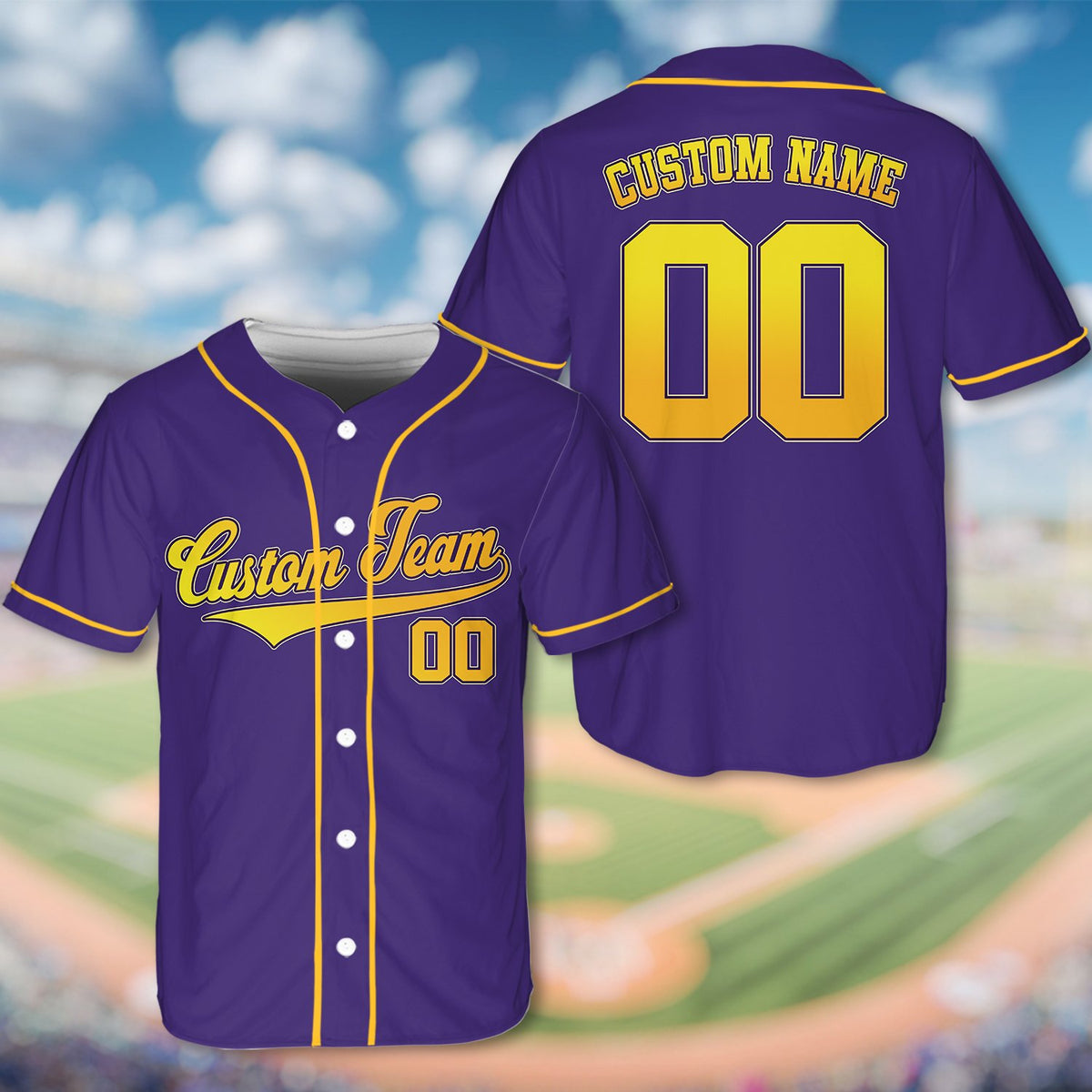 Purple personalized baseball jersey, front view