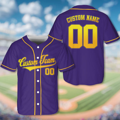 Purple personalized baseball jersey, front view