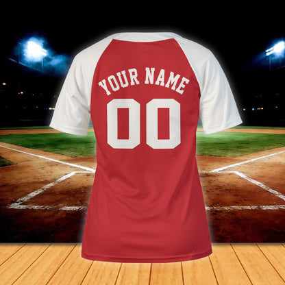 Back view of red sports baseball jersey showing custom name and number