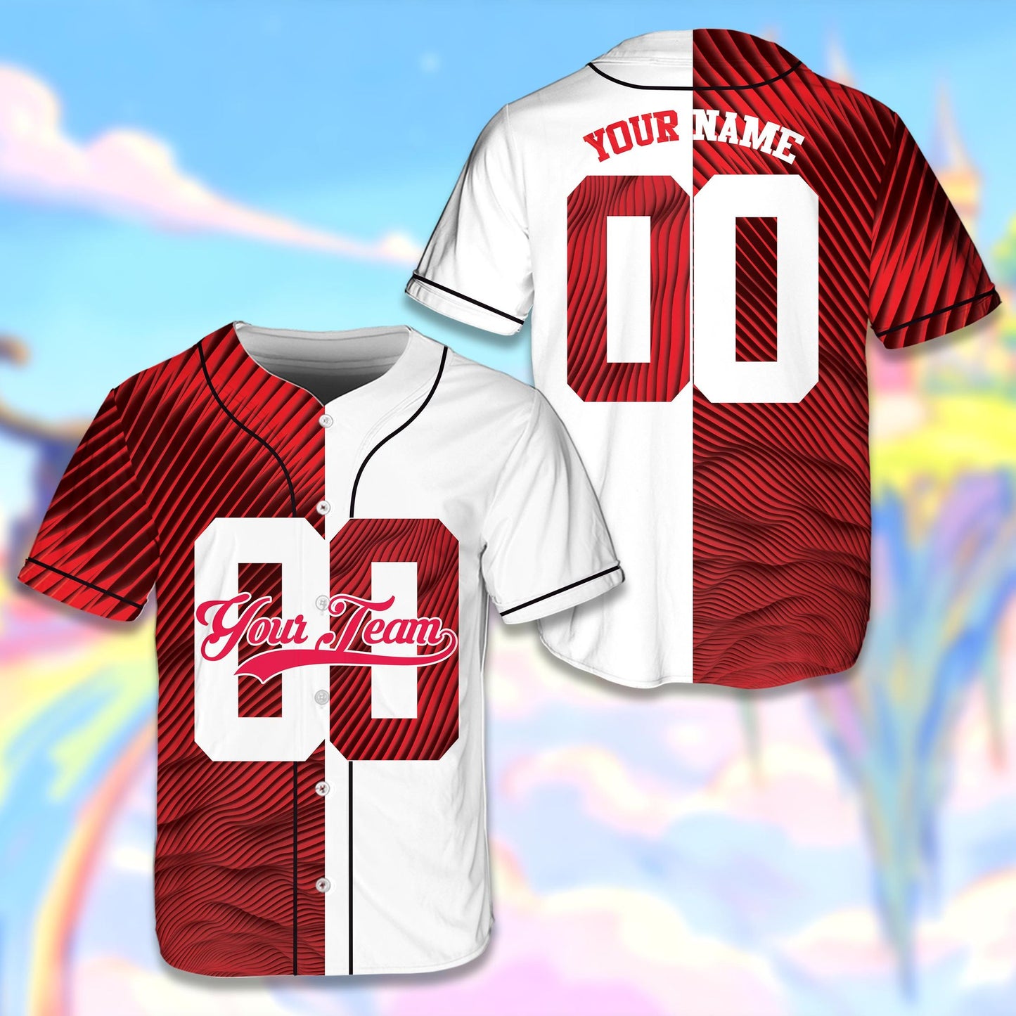 Personalized sports baseball jersey featuring a red wavy split-color design, custom number on the front
