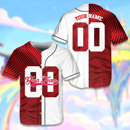 Personalized sports baseball jersey featuring a red wavy split-color design, custom number on the front