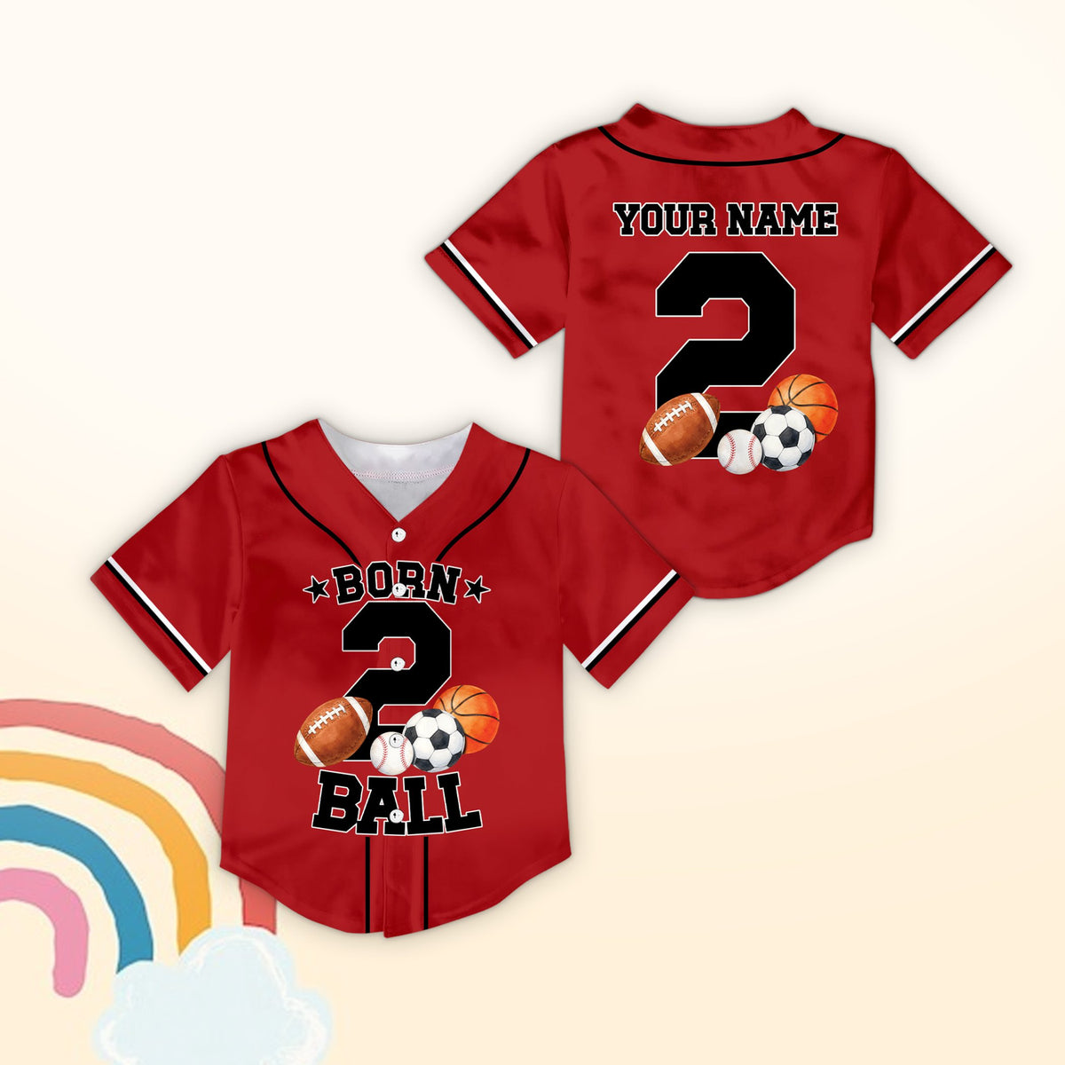 Red sports baseball jersey featuring Born 2 Ball text and sports graphics on front