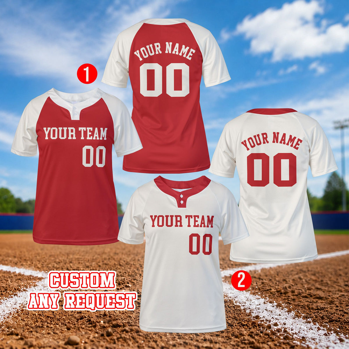 Front view of red custom baseball jersey