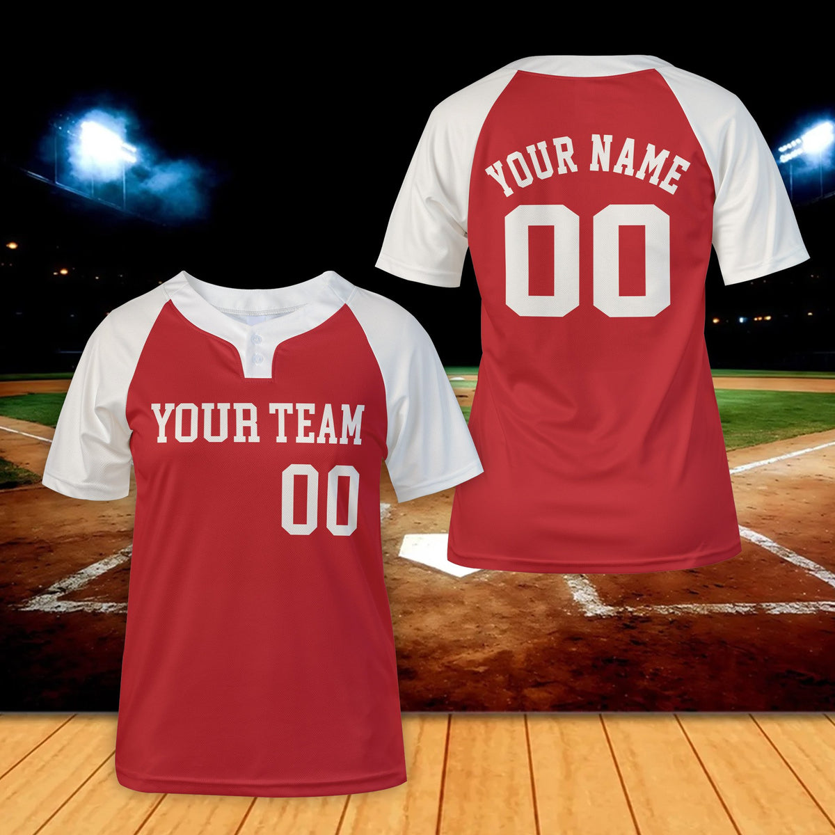 Another front view of red custom baseball jersey