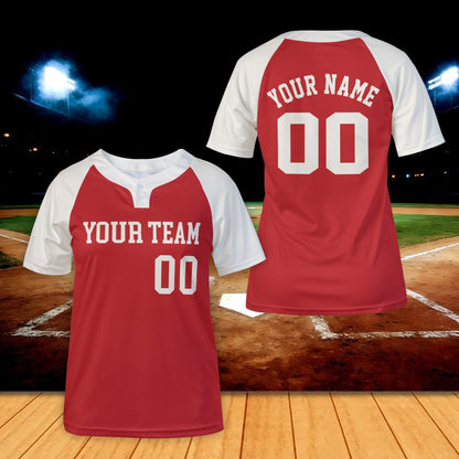 Another front view of red custom baseball jersey