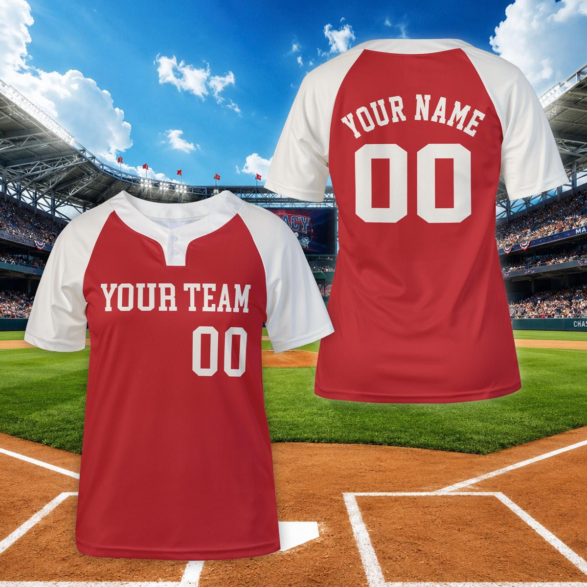 Close up front view of red baseball jersey