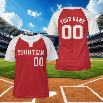 Close up front view of red baseball jersey