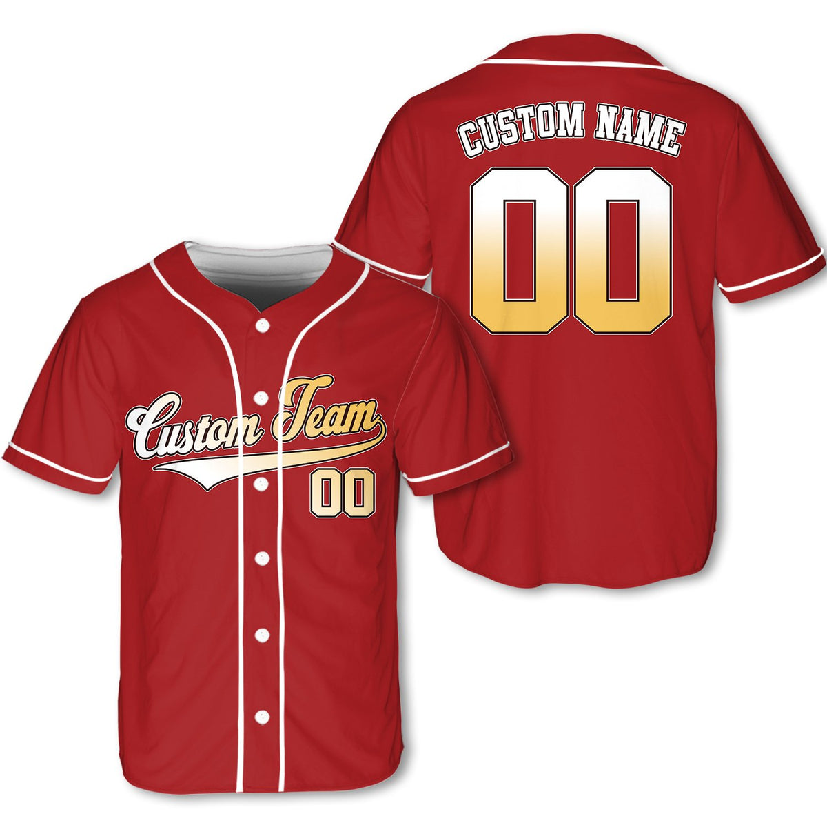 Red sports baseball jersey with custom name and number, front view