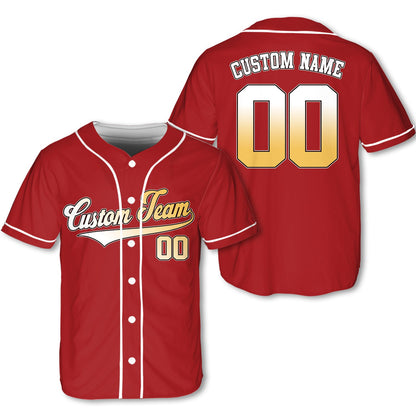 Red sports baseball jersey with custom name and number, front view