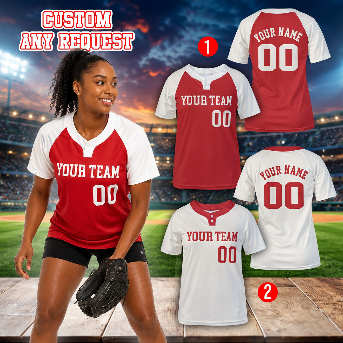 Lifestyle image of person wearing red custom baseball jersey
