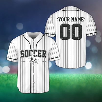 Personalized sports baseball jersey with soccer mom design in white, front view