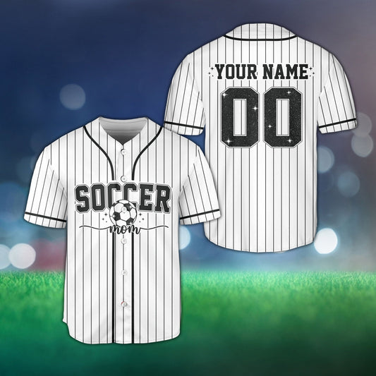 Personalized sports baseball jersey with soccer mom design in white, front view