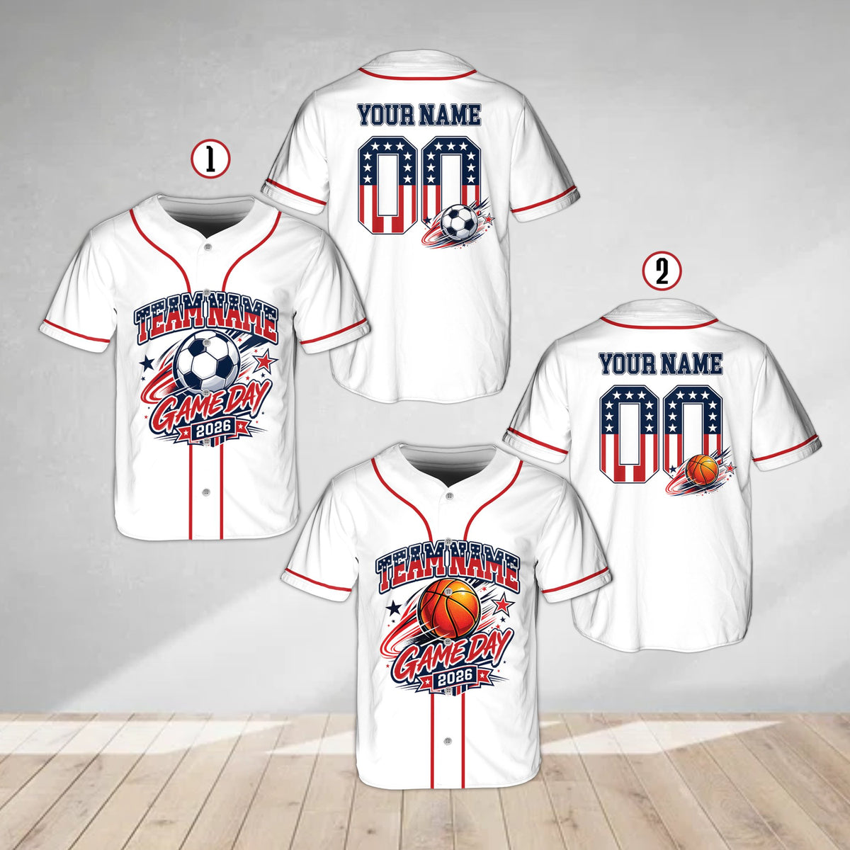 Alternate front view of the custom white sports baseball jersey with red piping
