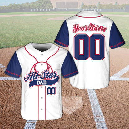 White sports baseball jersey with All-Star family graphic, front view