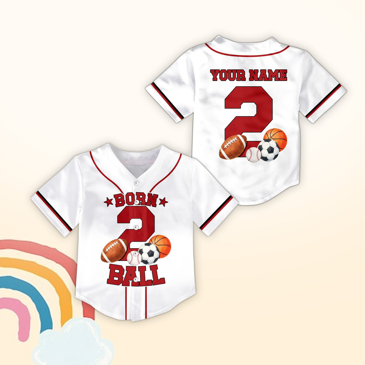 White sports baseball jersey with Born 2 Ball graphic on front