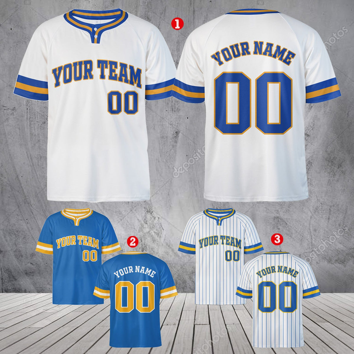 White and blue striped collar on personalized baseball jersey