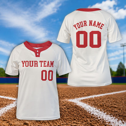 Front view of personalized white and red baseball jersey