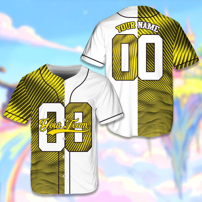 Personalized sports baseball jersey featuring a yellow wavy split-color design, custom number on the front