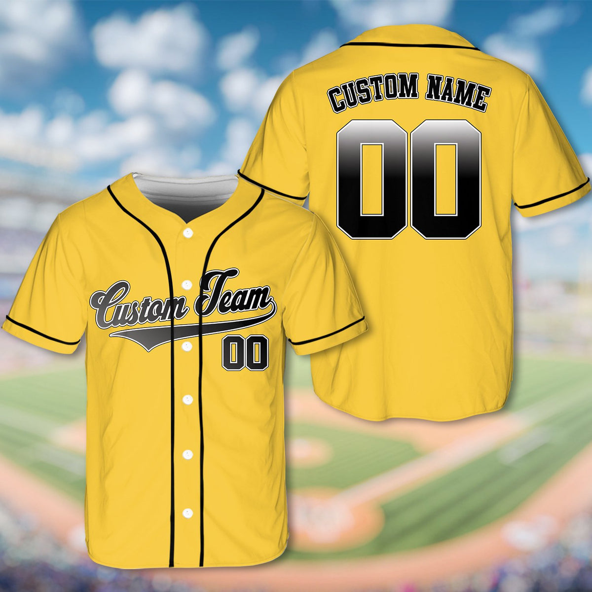 Yellow custom baseball jersey with team script and underline accent, front view