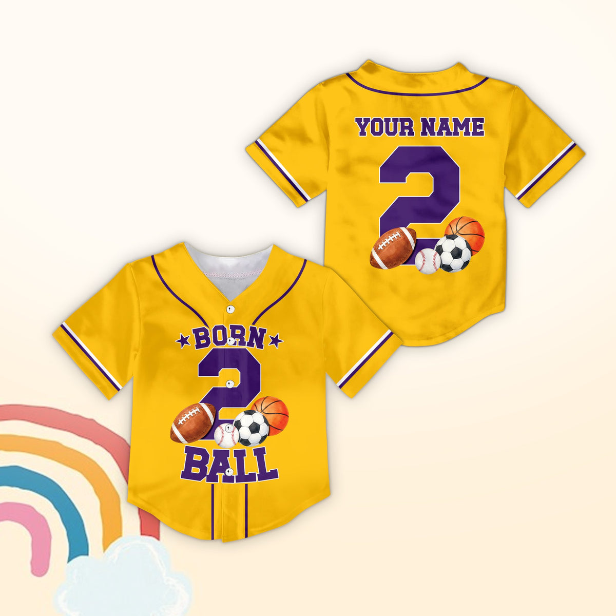 Yellow sports baseball jersey with custom name and number, Born 2 Ball design on front