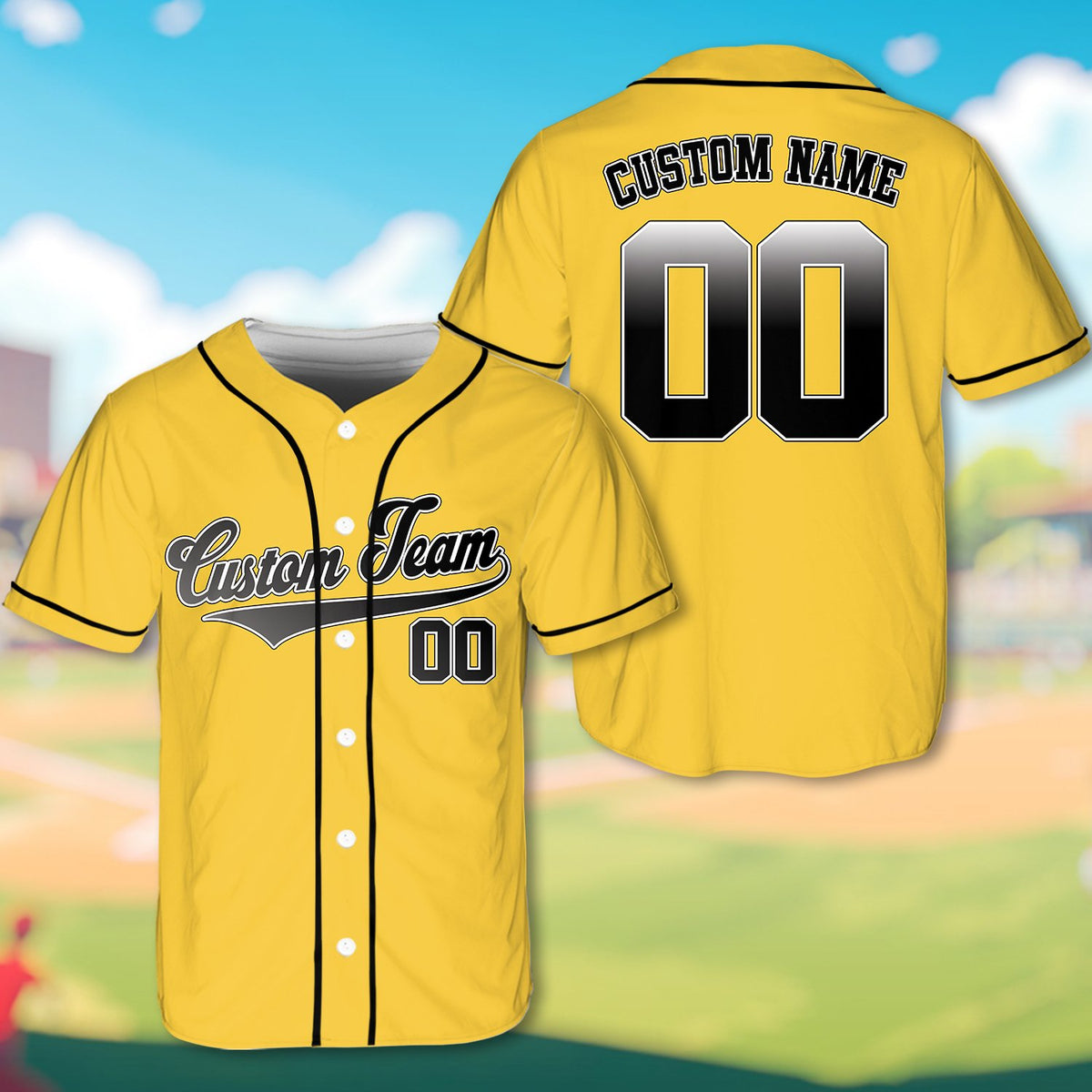 Yellow baseball jersey custom name and number, front view