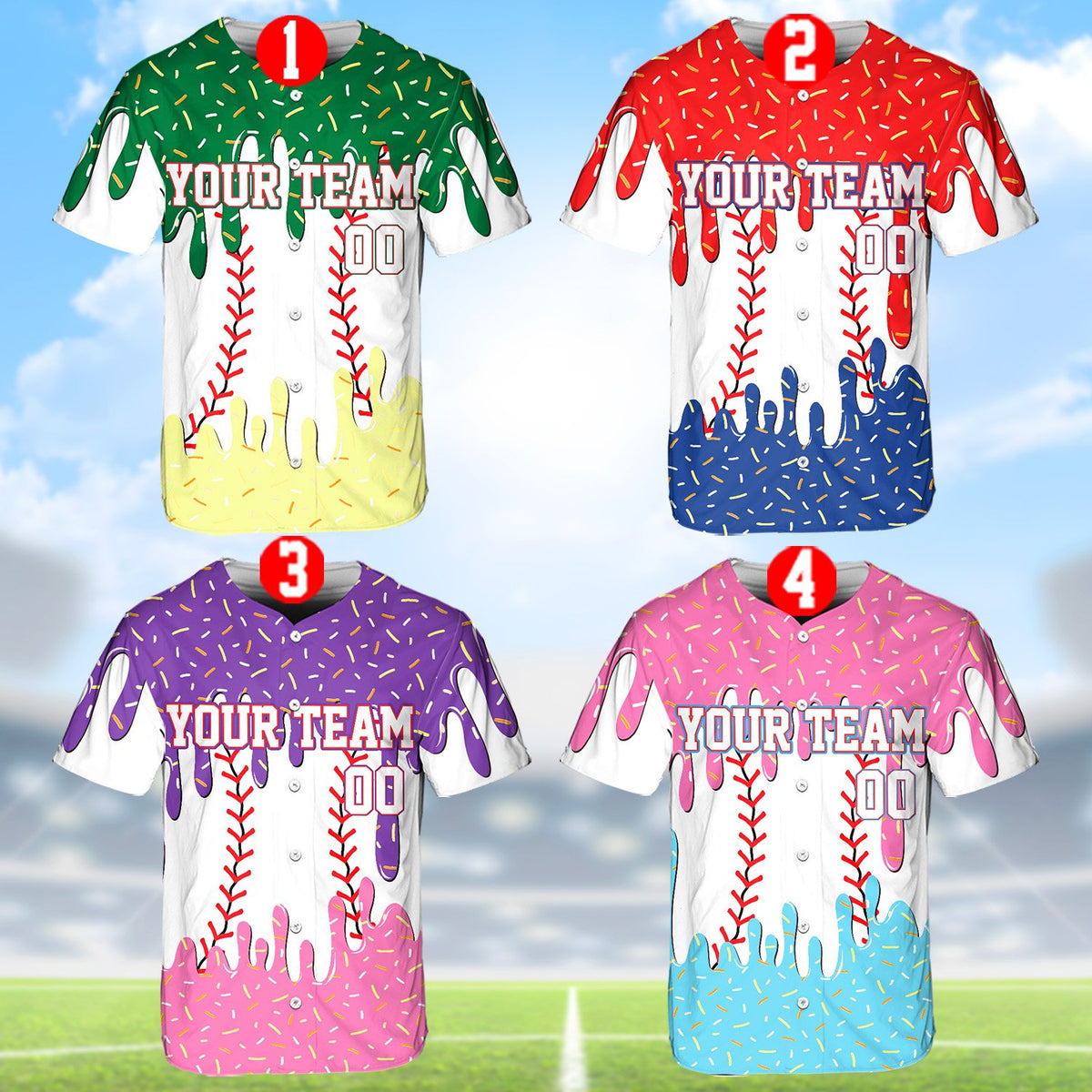 Custom baseball jersey with abstract sprinkles pattern, front view 2