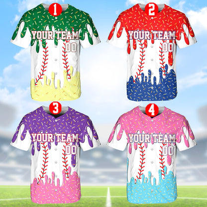 Custom baseball jersey with abstract sprinkles pattern, front view 2