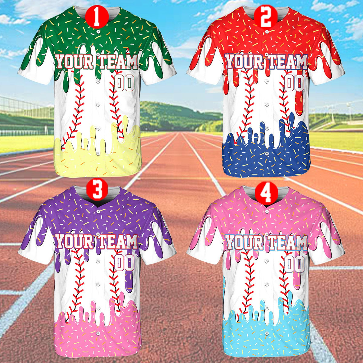 Abstract sprinkles baseball jersey, front view 8