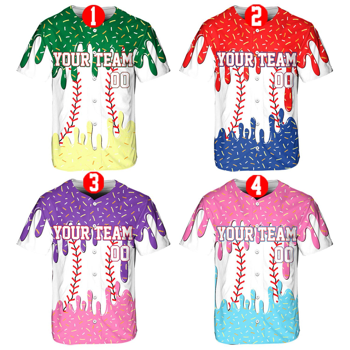 Personalized white sprinkles baseball jersey, front view