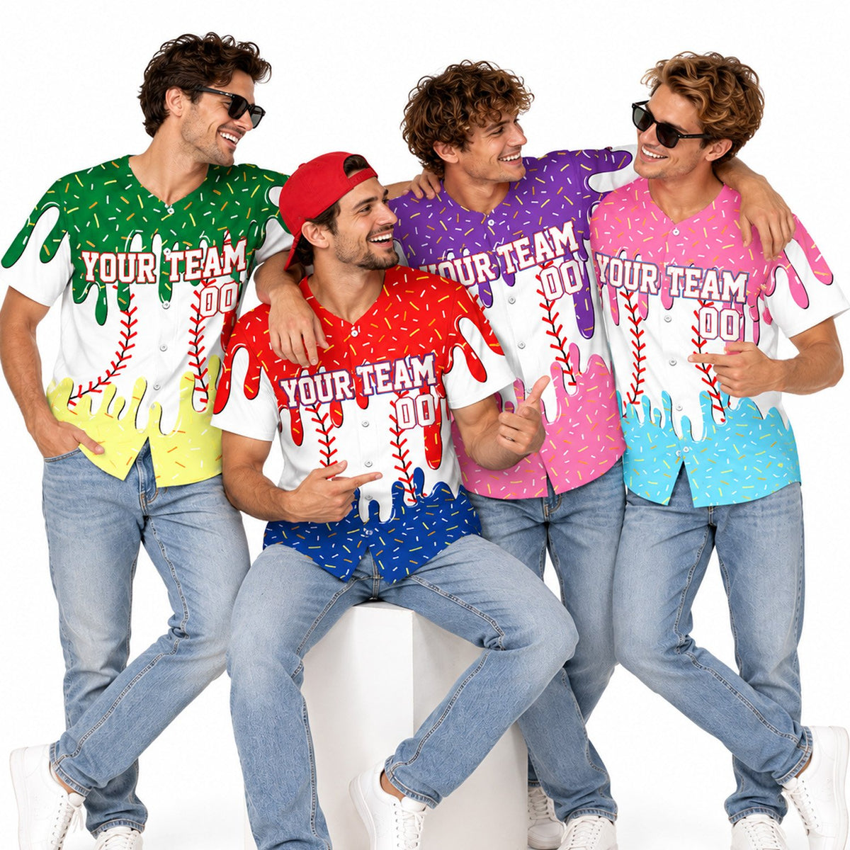 Lifestyle view of the white sprinkles baseball jersey