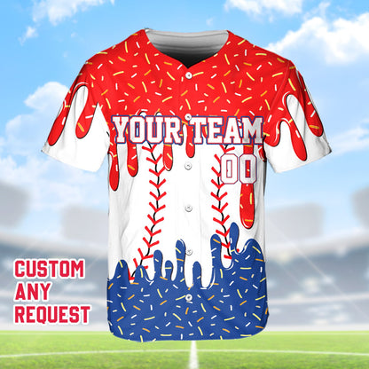 White sprinkles baseball jersey, front view 3