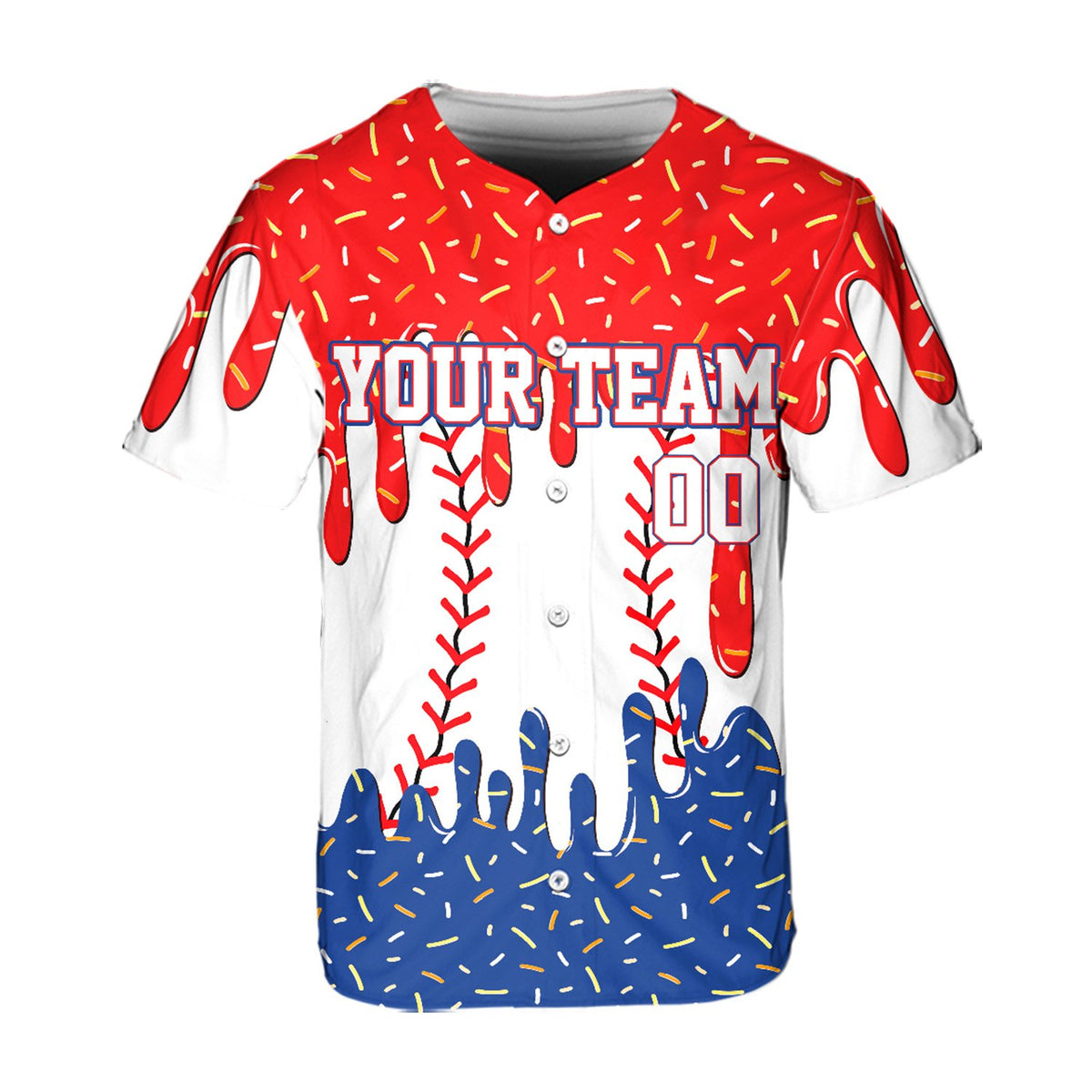 White sprinkles baseball jersey with custom name and number, main view