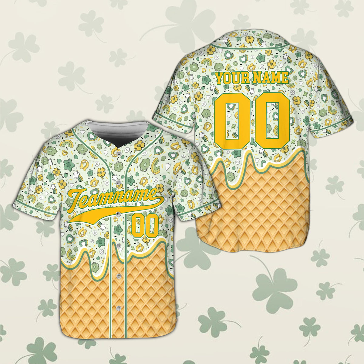 St. Patrick's Day ice cream baseball jersey, beige front view