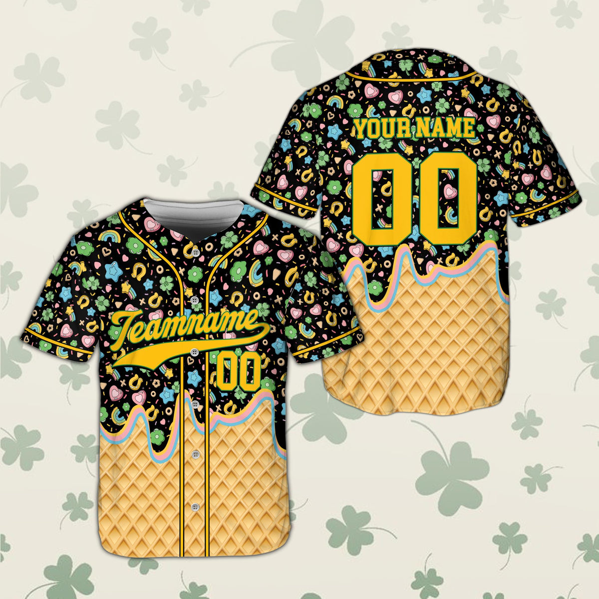 St. Patrick's Day ice cream baseball jersey, black front view