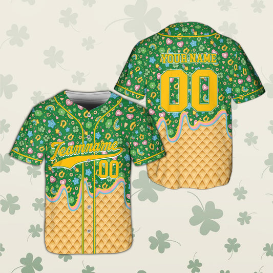 Personalized St. Patrick's Day ice cream baseball jersey with custom name and number, green front view