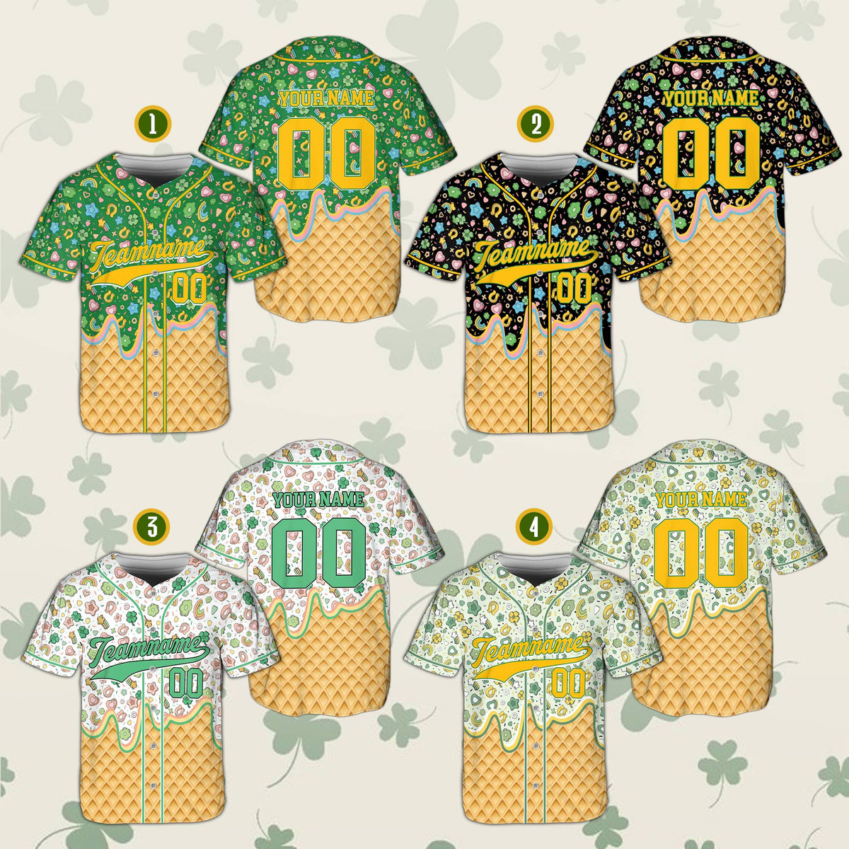 Detailed view of the St. Patrick's Day ice cream baseball jersey pattern and design