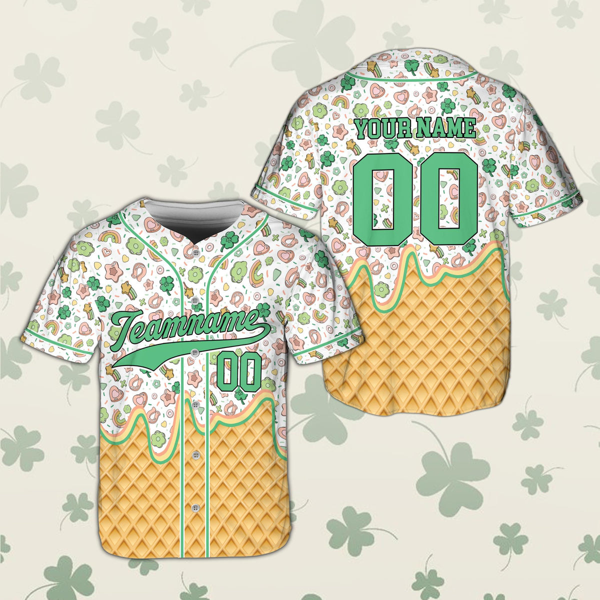 St. Patrick's Day ice cream baseball jersey, white front view