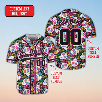 Close-up front view of the custom name and number baseball jersey with sugar skulls pattern