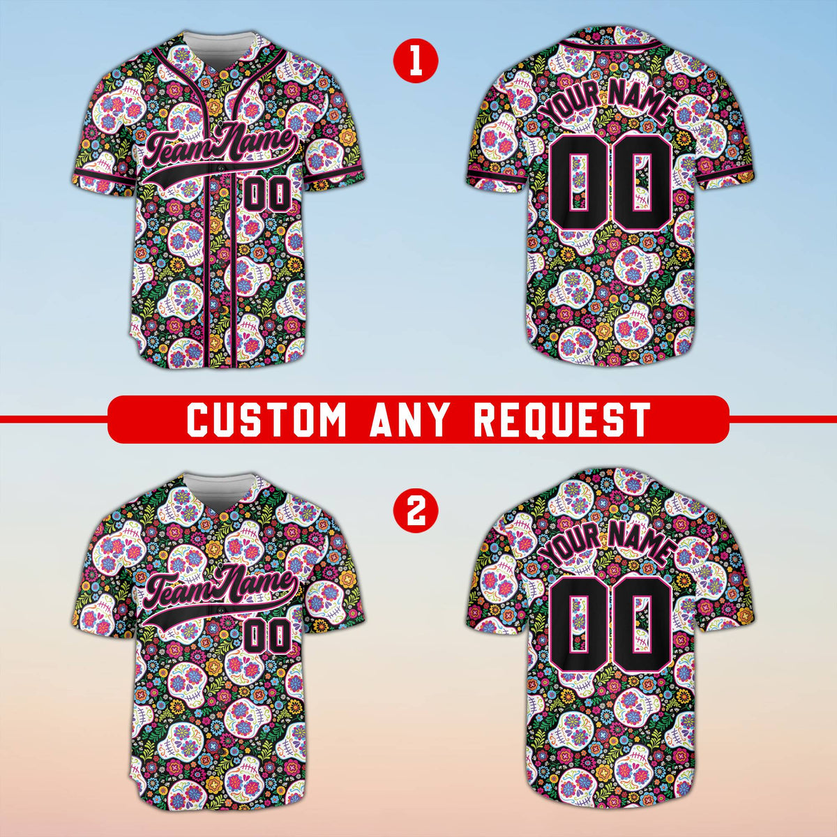 Black sugar baseball jersey featuring colorful sugar skulls and floral patterns, personalized with custom name and number