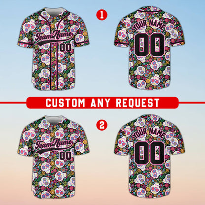 Black sugar baseball jersey featuring colorful sugar skulls and floral patterns, personalized with custom name and number