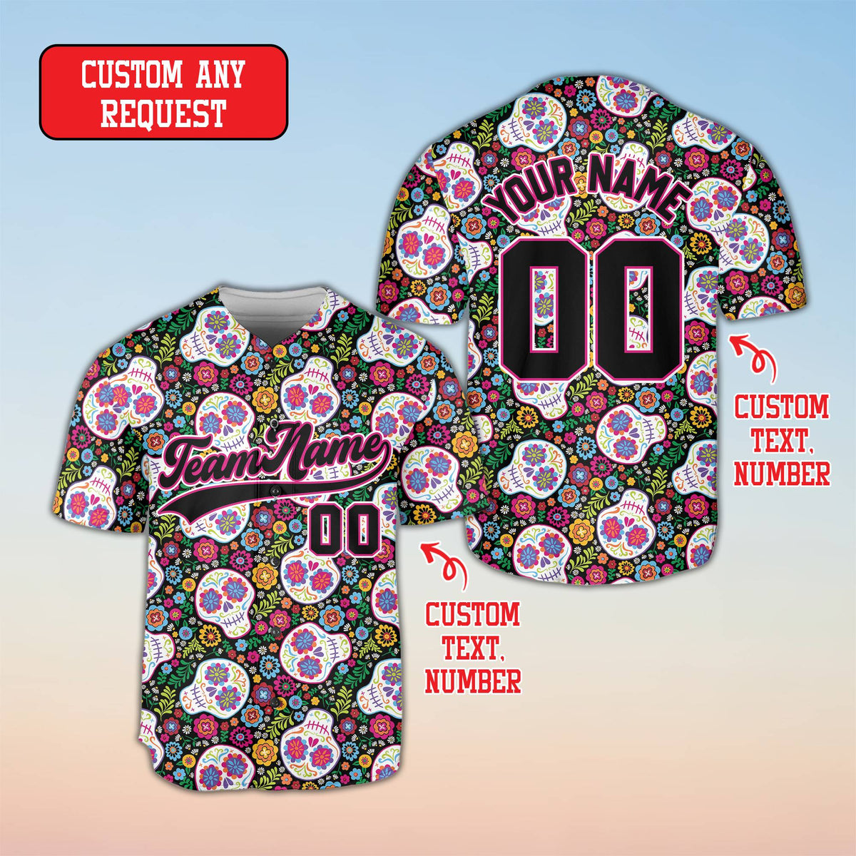 Another front angle of the black sugar skulls personalized baseball jersey