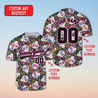 Another front angle of the black sugar skulls personalized baseball jersey