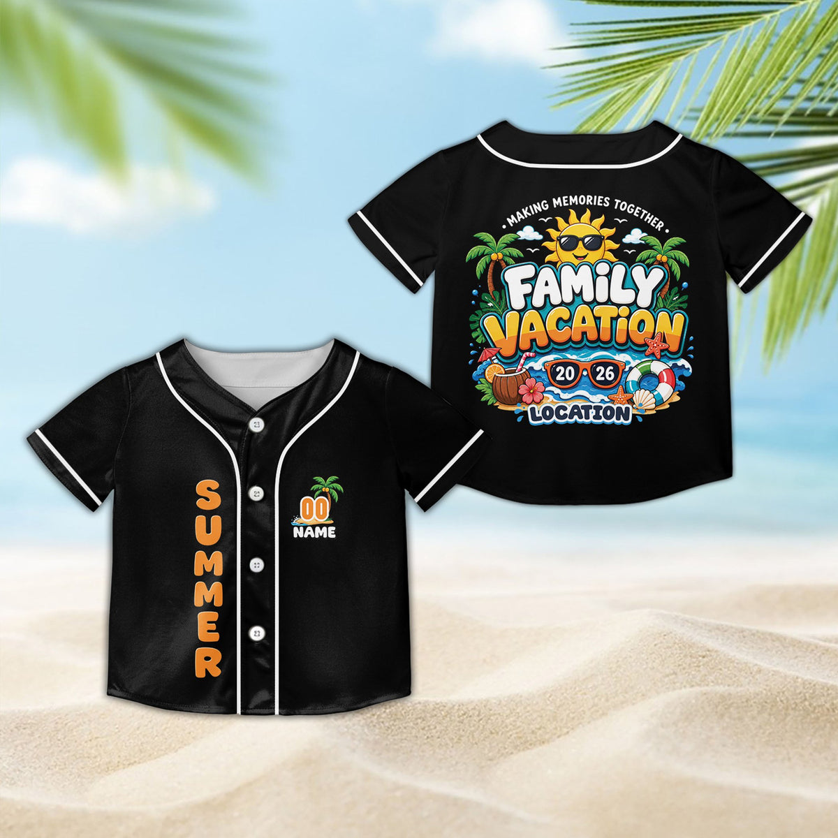 Black custom baseball jersey with summer vacation design in a lifestyle setting