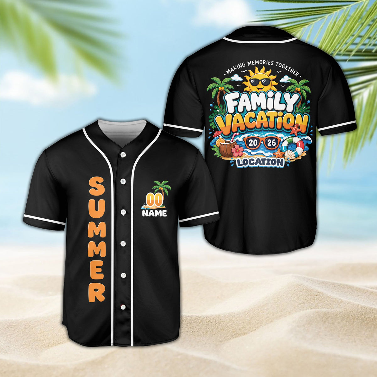 Another lifestyle view of the custom black summer vacation baseball jersey