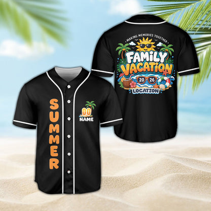 Another lifestyle view of the custom black summer vacation baseball jersey