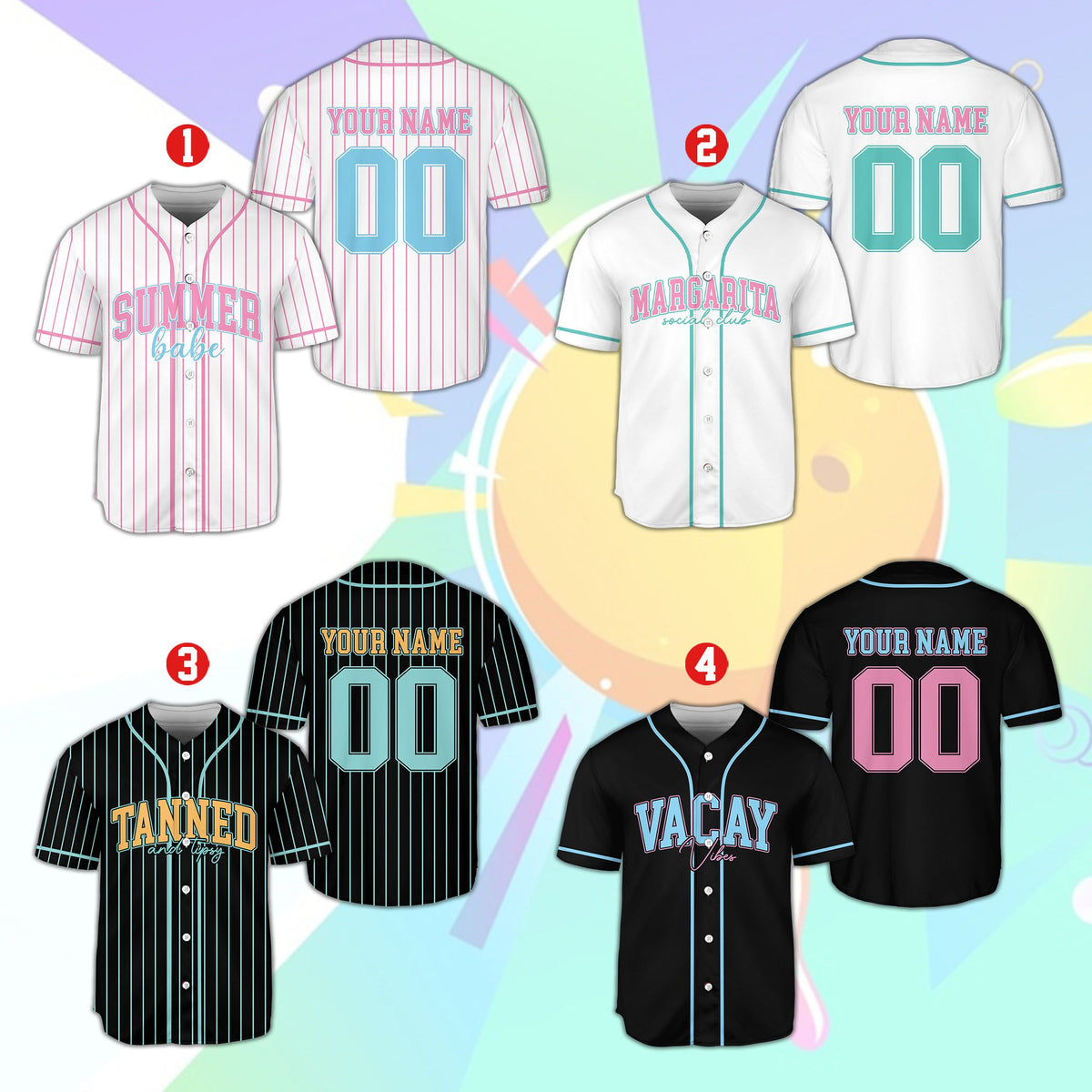 Multicolor summer baseball jersey with personalization, front view