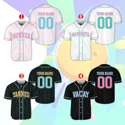 Multicolor summer baseball jersey with personalization, front view