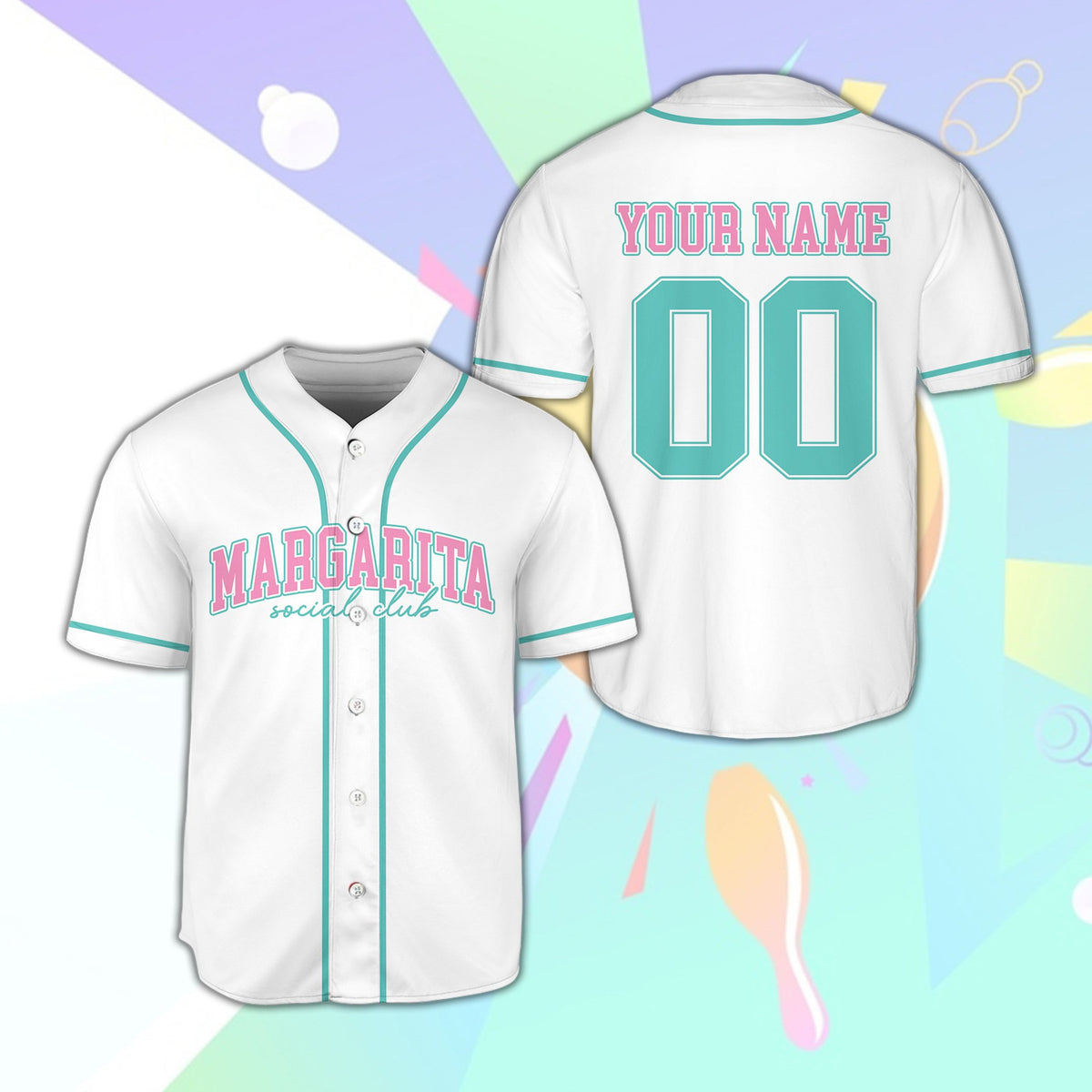 White summer vacation baseball jersey with custom name and number, front view
