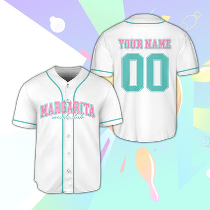 White summer vacation baseball jersey with custom name and number, front view
